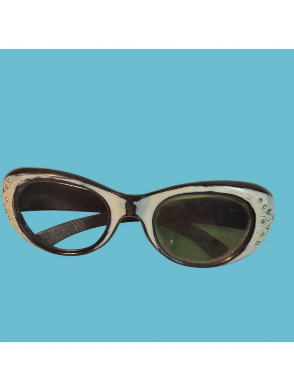 Vintage Black White Rhinestone Embellished Sunglasses 1950 Hollywood Regency